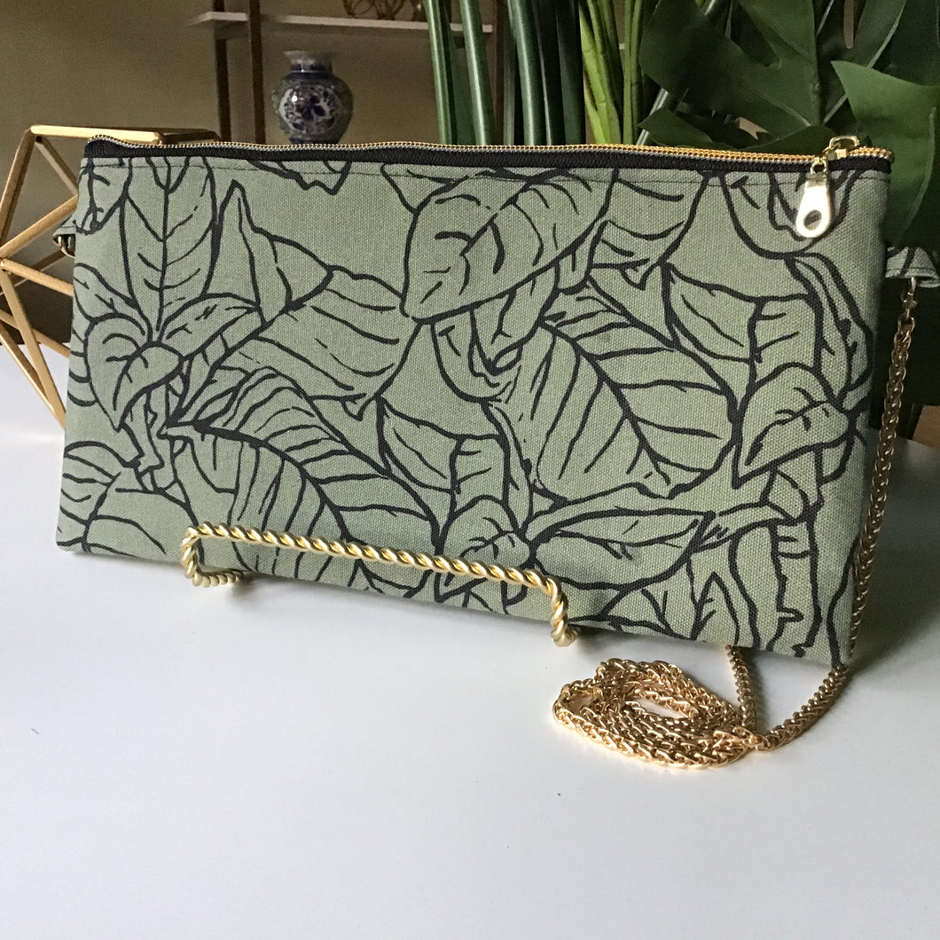 Olive and Black Leaf Print Cloth Crossbody